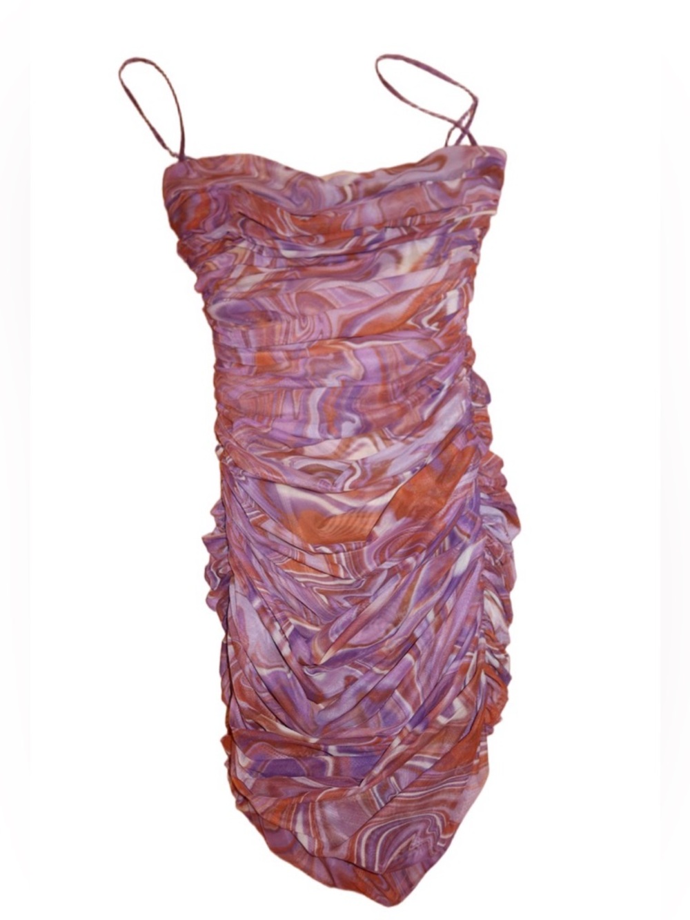 House Of CB Mini Dress Purple Swirl Ruched Organza Mesh 2021 Resorts Collection